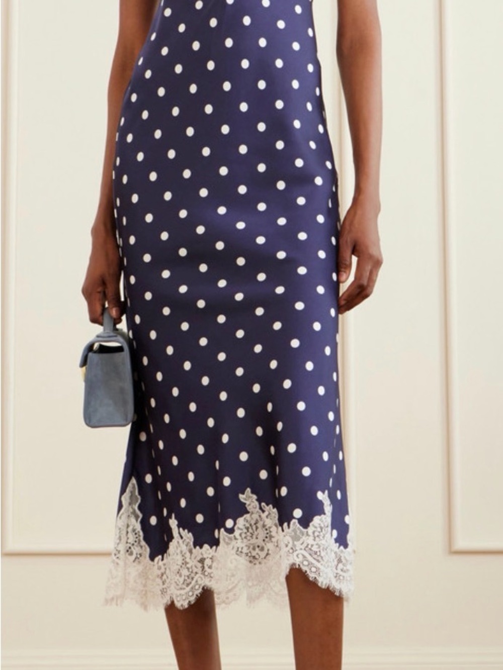 Self-Portrait Navy and Cream Polka Dot Midi Dress
